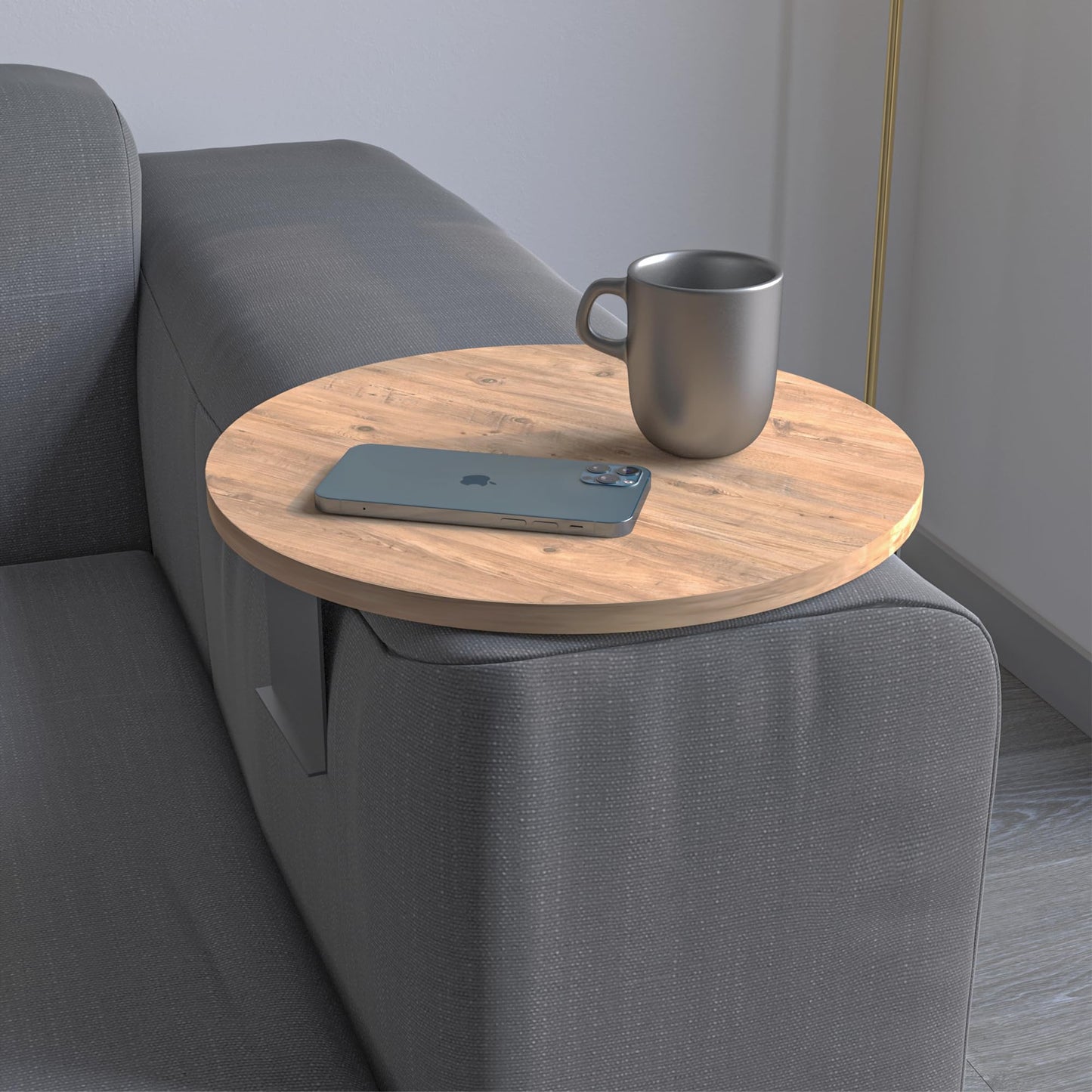sugodesign Couch-Tablett Armlehne, Einstellbarer Sofa-Tablett, Getränkehalter, spezielles Design praktischer Metallhalterung, Sitzgarnitur Ablage, Durchmesser ⌀ 35 cm (Holz-Optik)