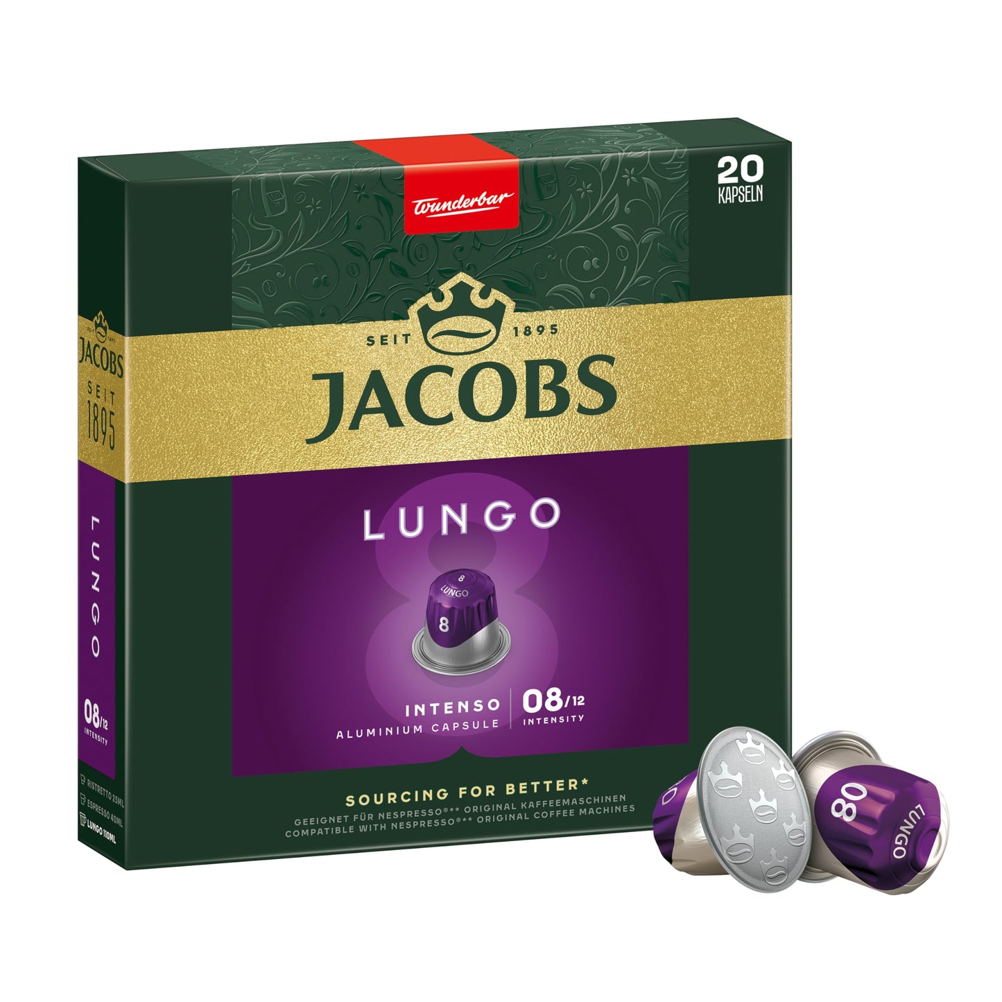 Jacobs Kaffeekapseln Lungo Intenso 8, Nespresso* kompatible Kapseln, Intensität 8/12, Intensive und herzhafte Noten, 200 Stück (10 x 20 Getränke)