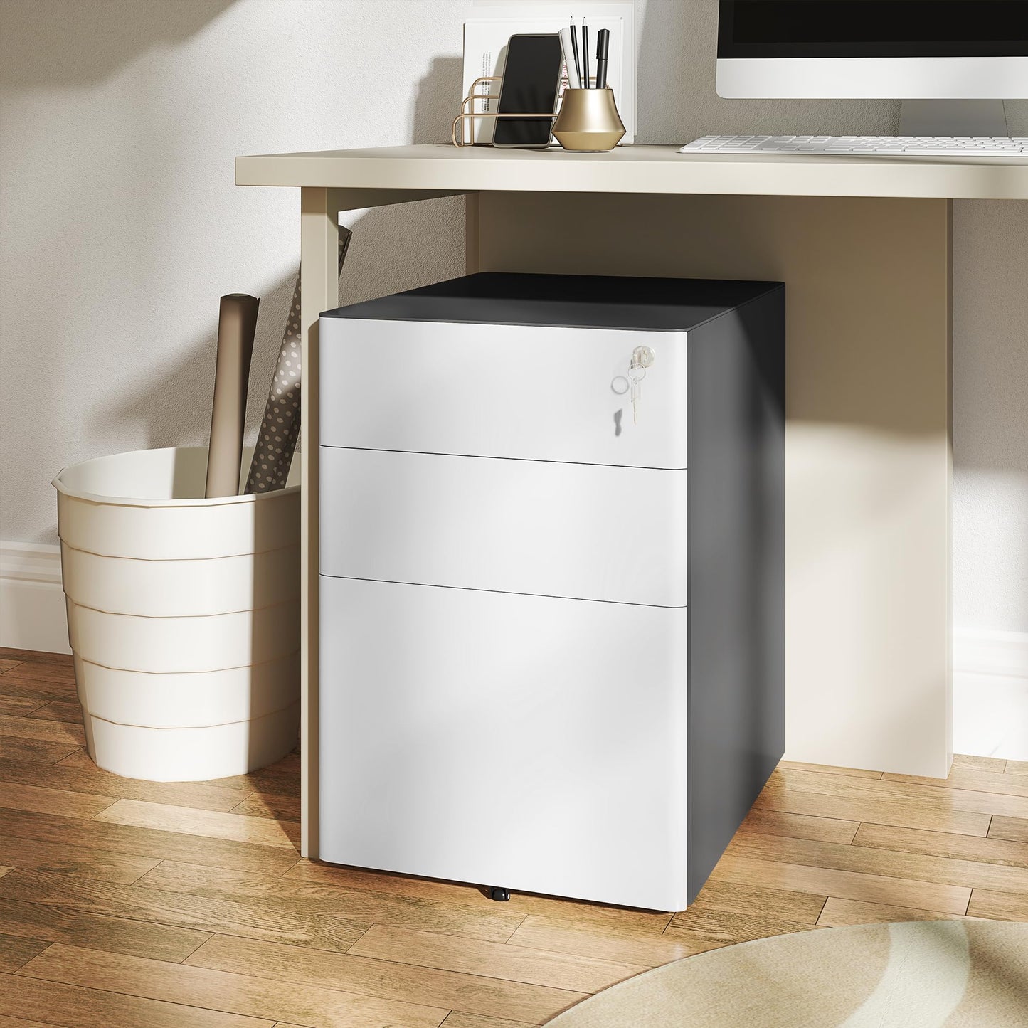 Vinsetto Rollcontainer, mobiler Aktenschrank mit 3 Schubladen, abschließbarer Büroschrank mit Hängeregistratur, Aufbewahrung, Stahl, 39 x 48 x 59 cm Weiß+Grau