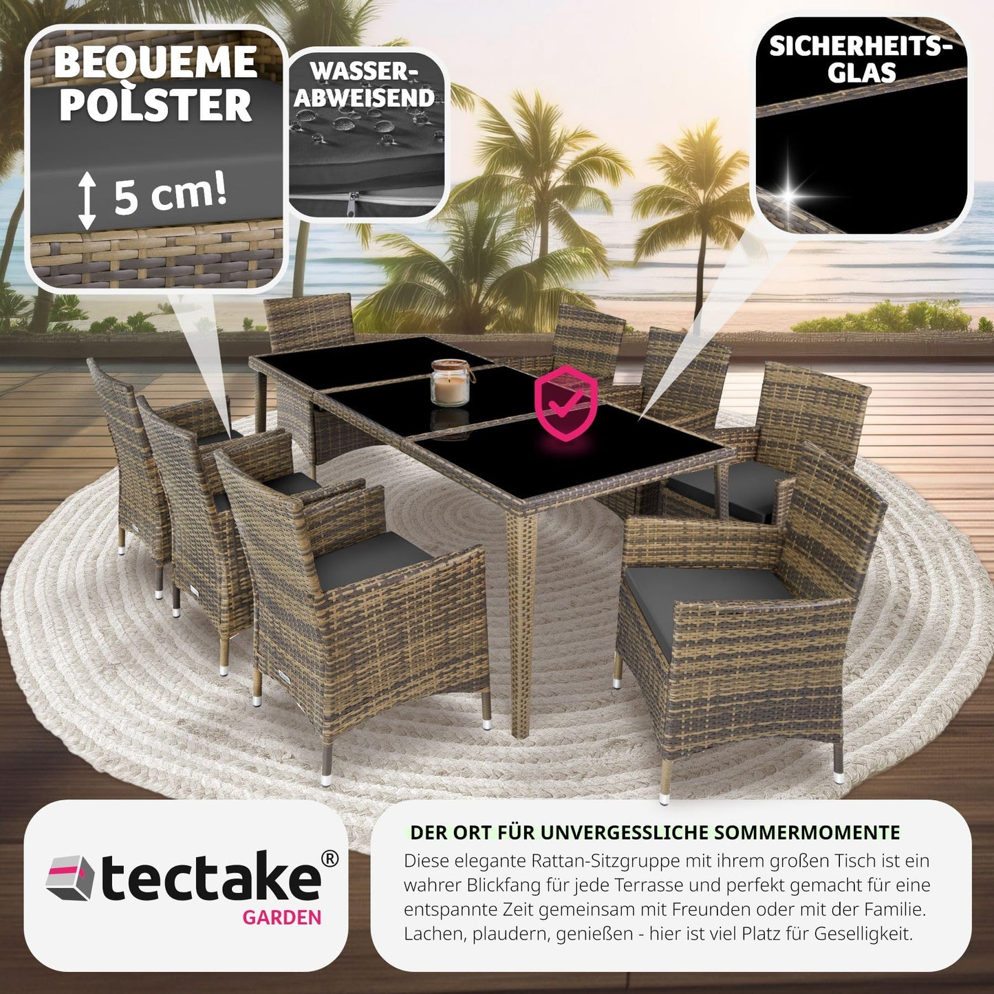 tectake Aluminium Poly Rattan Gartenmöbel Set 8 Stühle mit Tisch mit Glasplatten, inkl. 2 Bezugssets und Schutzhülle, wetterfeste Balkon Möbel - Natur