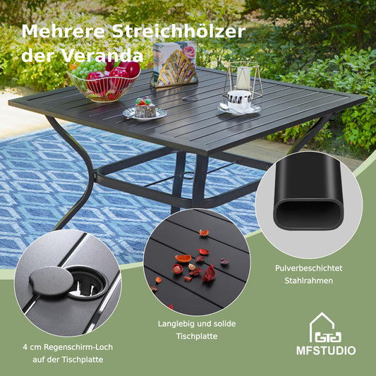 MFSTUDIO Rattan Balkonmöbel Set, Gartenmöbel Set 4 Stühle mit Tisch, Quadratische Stahl Lamellen Tisch mit 4cm Schirmloch und 4 Polyrattan Sessel für Terrasse, Balkon, Bistro, Hinterhof