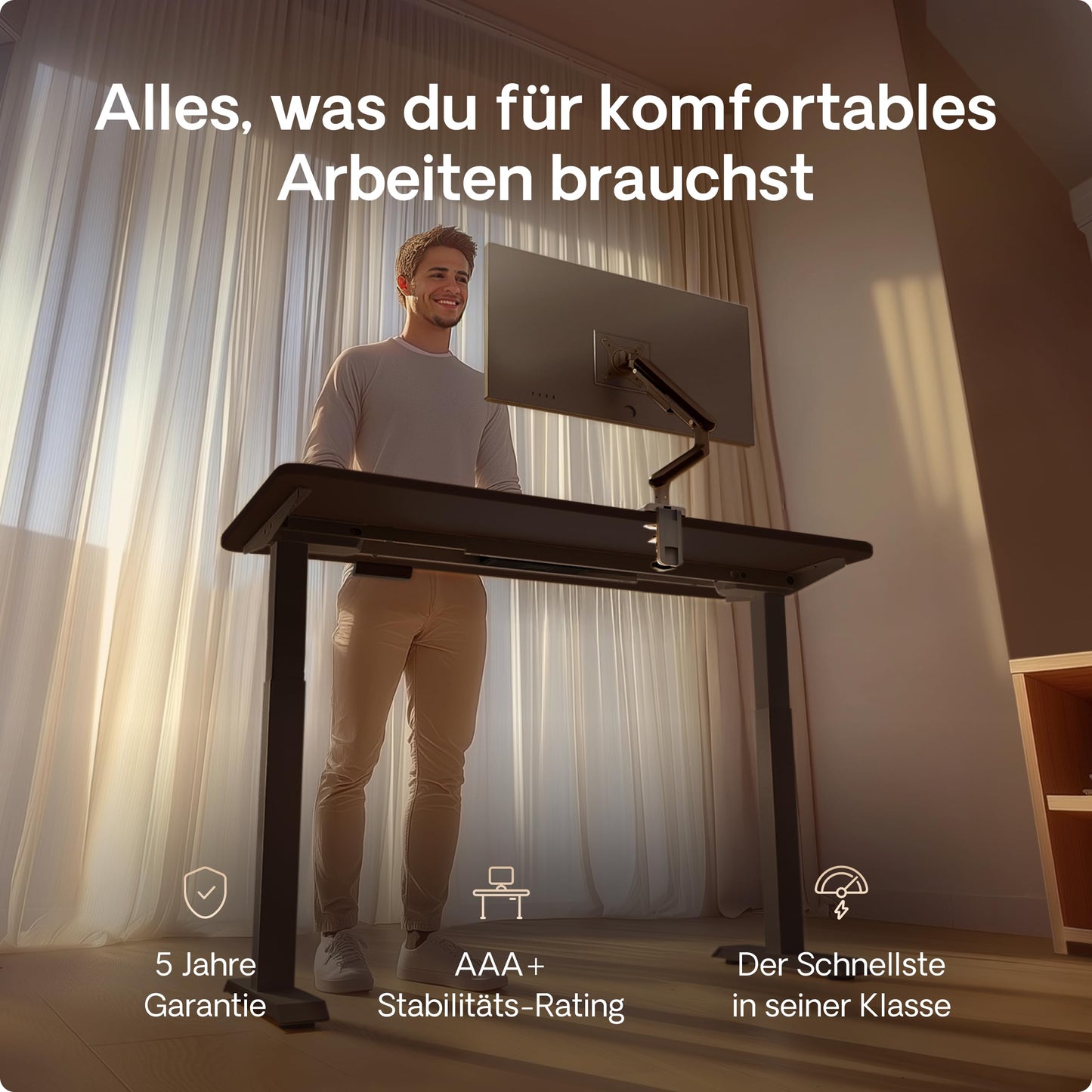 Desktronic HOME-ONE Höhenverstellbarer Schreibtisch 140×70 cm, Schwarz, Elektrisch mit USB & Touchscreen