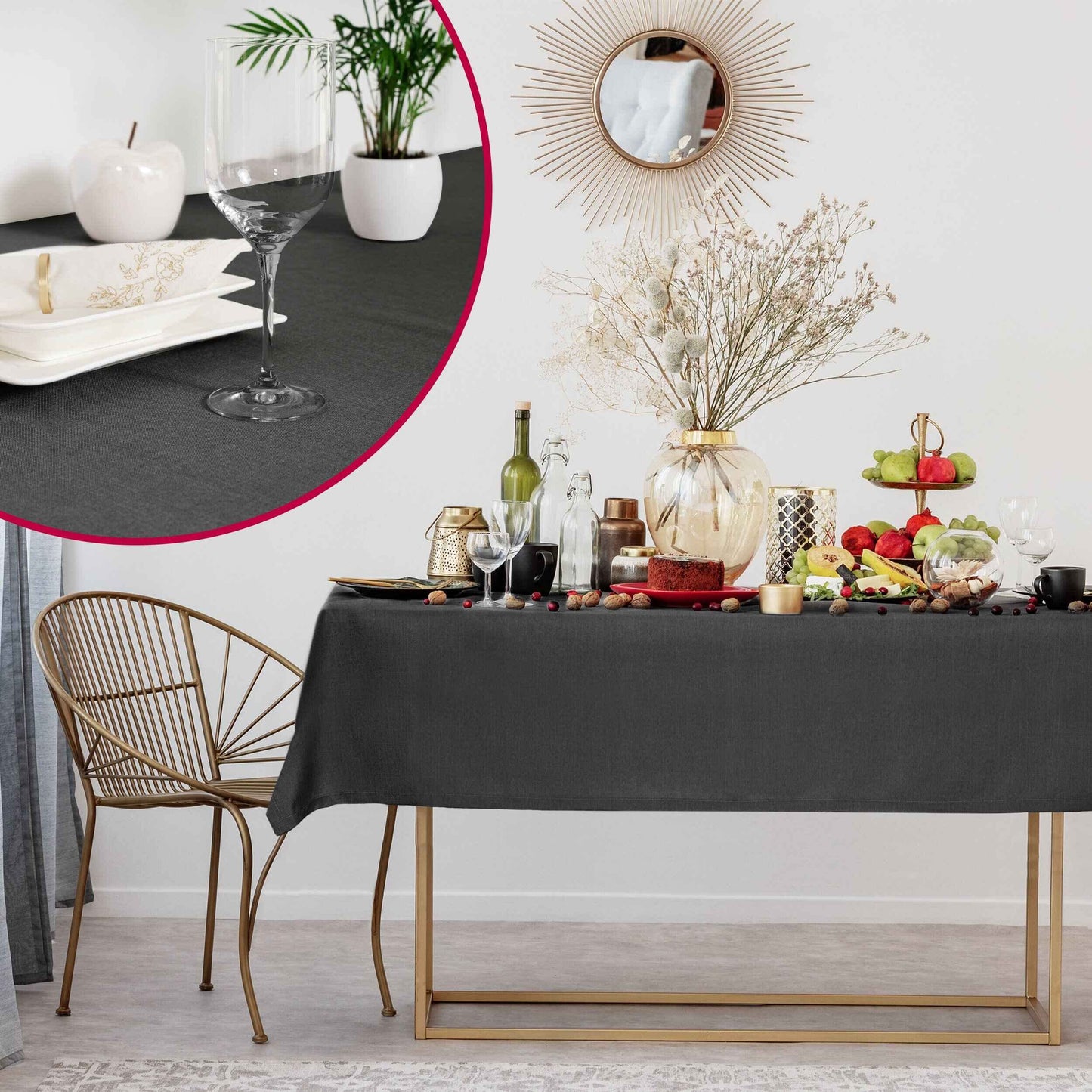 DecoHomeTextil Leinen Optik Farbe Größe wählbar - Eckig 110 x 180 BZW.180x110 BZW. 110x180 cm Grau Anthrazit mit Lotus Effekt Tischdecke mit Fleckschutz Grau Anthrazit TD Eckig