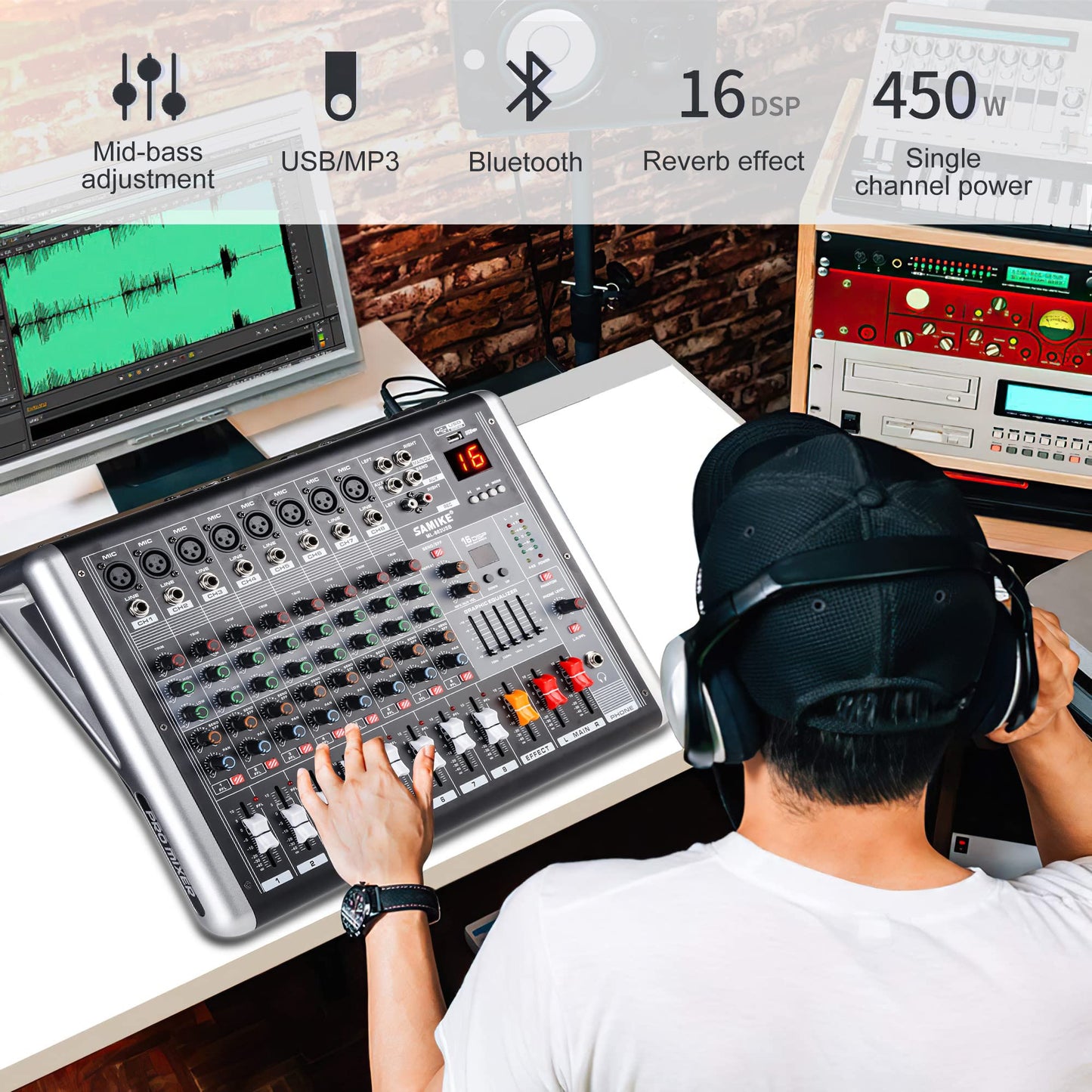 Powermixer Mischpult mit Verstärker, Audio Mixer 8 Kanal Soundcraft Mischpult, Dj Mischpult Profi Audio Interfac Streaming Musik Mixer Live Soundkarte, 2 * 300w Sound Board with 16 Kinds DSP Reverb