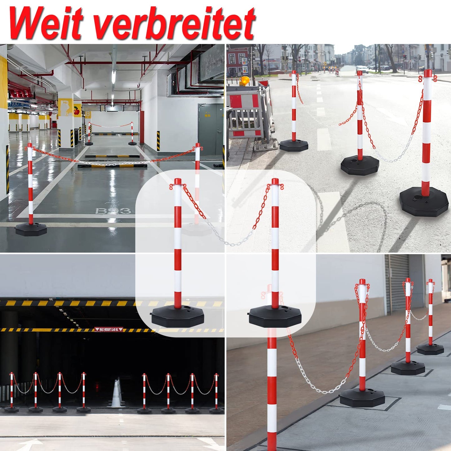 YRHome 4 Stück Absperrpfosten 82x28x28 cm Kettenpfosten aus Kunststoff Absperrung Sperrpfosten mit 4 Absperrketten von 140cm und Standfuß befüllbar mit Wasser und Sand Weiß/Rot Pfosten Kettenständer