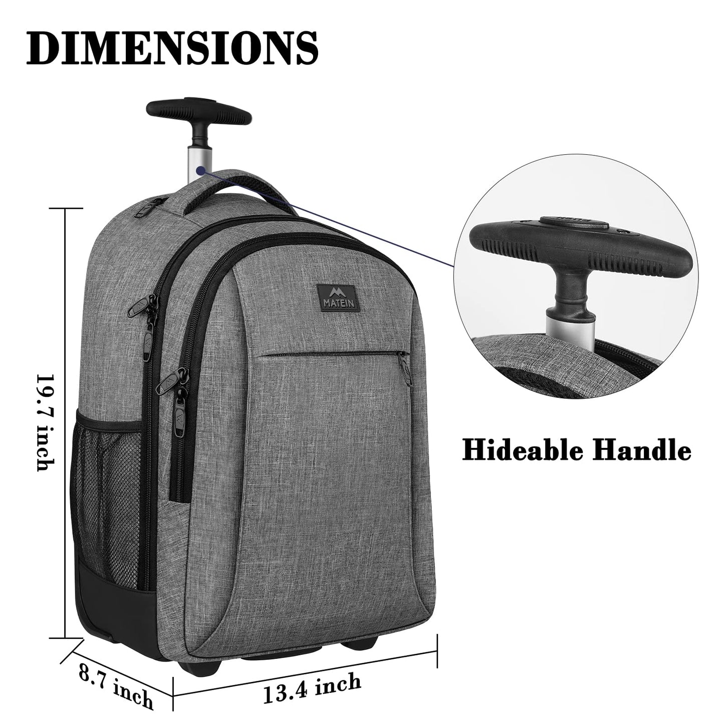 MATEIN Schulrucksack mit Rollen, Business Trolley Leicht Handgepäck Flugzeug Reiserucksack Herren 17 Zoll Laptoptasche Reisetasche mit Rädern Damen Schultrolley Wheeled Backpack für Arbeit, Uni, Grau