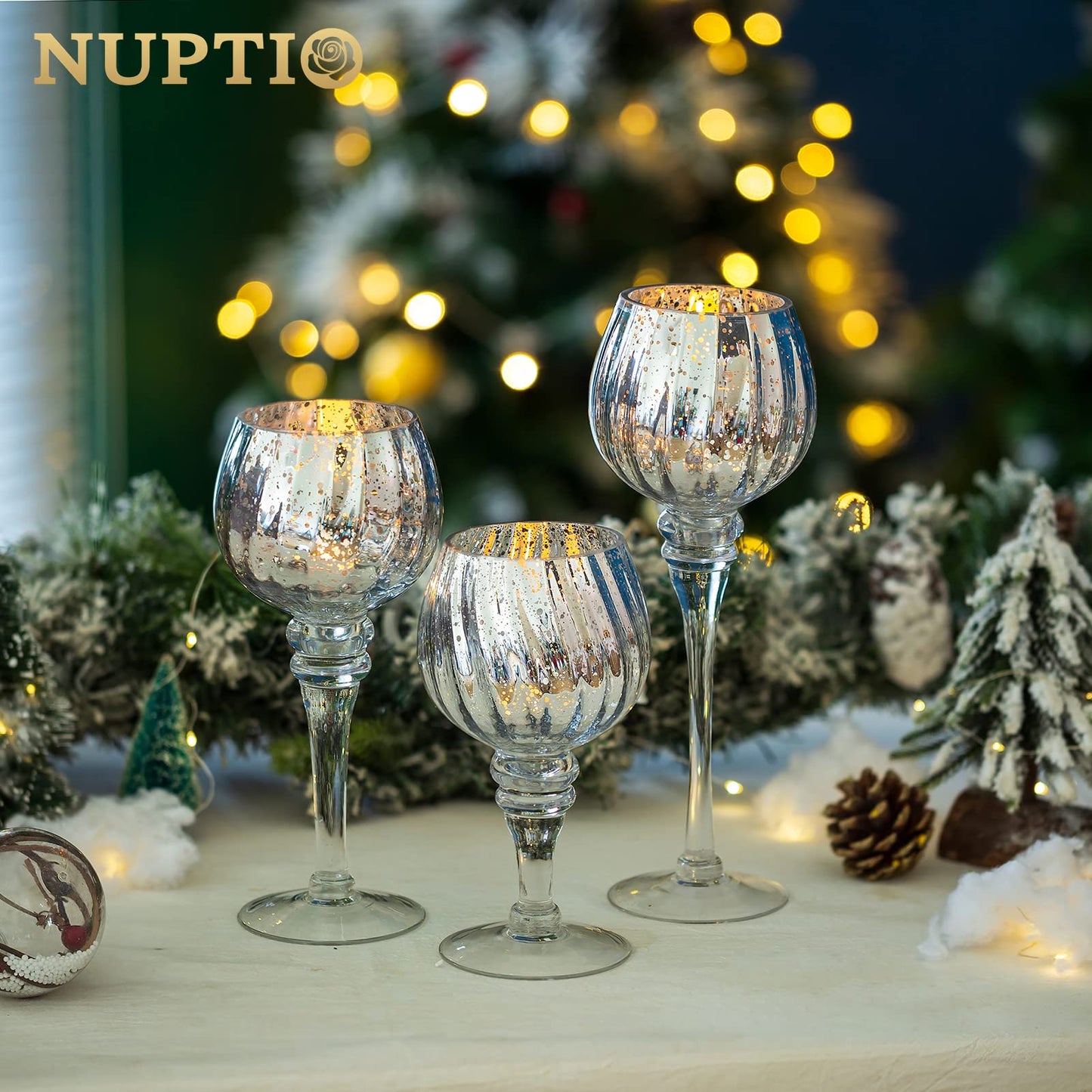 Nuptio Teelichthalter Glas 3 Stück Große Quecksilber Teelichter Kerzenständer Große Silberne Kerze Halter Glas Langen Stamm Säule Tisch Tafelaufsatz für Hochzeit Partei Weihnachten Mantel