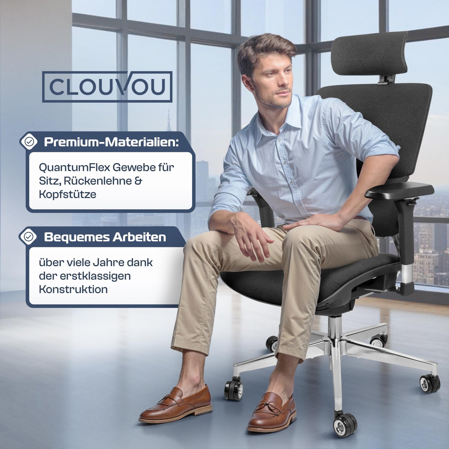 CLOUVOU MasterSeat Bürostuhl Ergonomisch | Schreibtischstuhl [QuantumFlex, 4D-Chrom-Metallarmlehne, Phantom Wheels] | Büro Stuhl, Computerstuhl Home Office Chair Ergonomic, Drehstuhl 150 kg