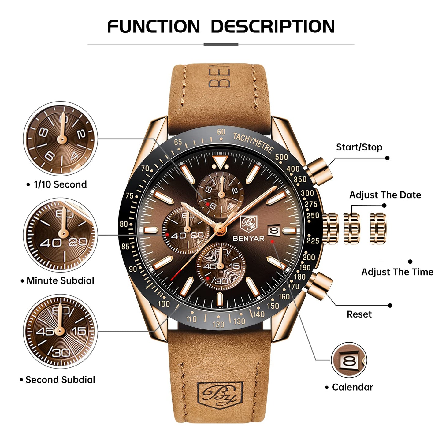 BENYAR Uhren Herren Chronograph Analog Quarz Braun Lederarmband Armbanduhr Herren Wasserdicht Leuchtende Datum Herrenuhr Mode Lässig Sport Business-Kleid Uhren fur Männer Elegantes Geschenk