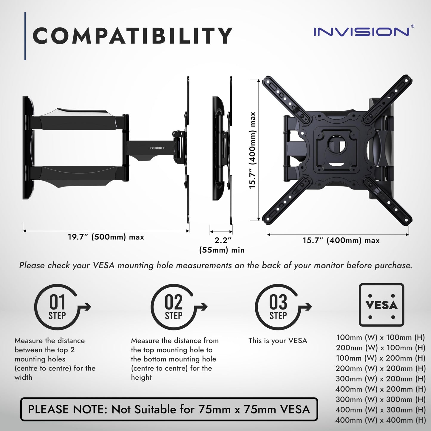 Invision TV Wandhalterung für 24-60 Zoll Bildschirme VESA 100x100 bis 400x400mm Schwenkbare Neigbare und Ausfahren für LED, OLED, Flach & Curved Wandhalter Fernsehers - Max Last 36.2 kg (HDTV-E)