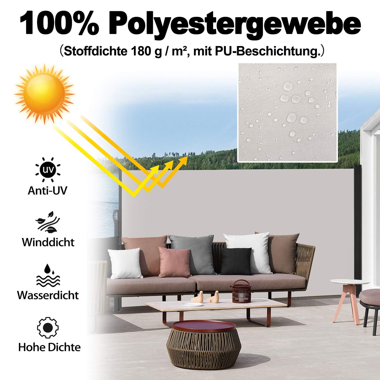 HENGMEI 180x300cm Seitenmarkise ausziehbar Sonnenschutz Sichtschutz Windschutz Verschiedene Größen für Terrasse Camping Garden (180 cm, Grau)