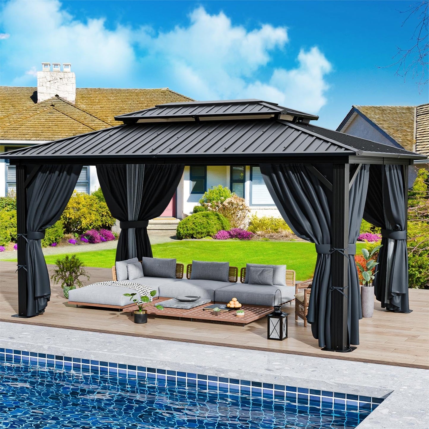 HOTEEL 3x3.65m Hardtop Pavillon Wasserdicht Stabil Winterfest, Gartenpavillon Metall mit Verzinkter Stahl Doppeldach, Alu-Rahmen, Schwer Entflammbare Vorhänge & Moskitonetz, Grau (2025 Aufrüstung)