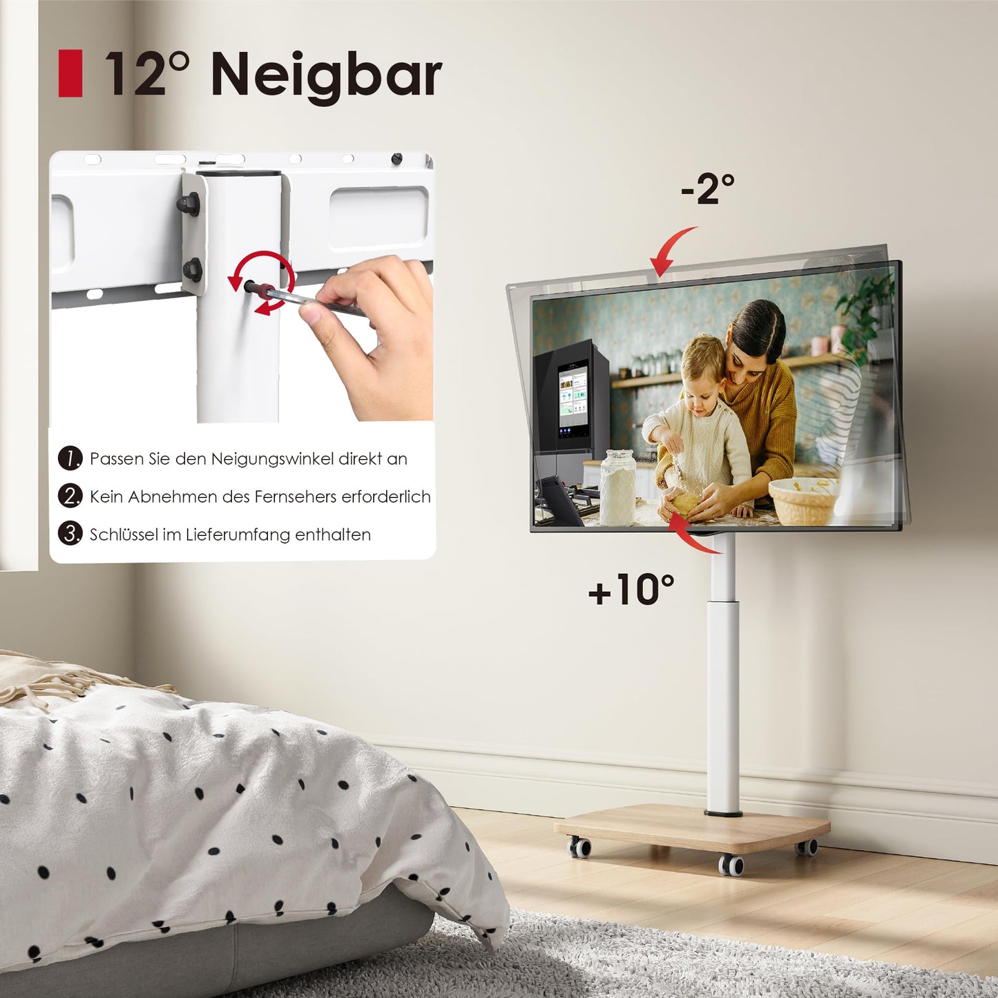 AOKCOS TV Ständer Rollbar mit Holzablage, Fernsehständer auf Rollen für 32-65 Zoll Fernseher, TV Bodenständer Höhenverstellbar Schwenkbar, bis 40 kg Max. VESA 400x400mm (Weiß+Natur)