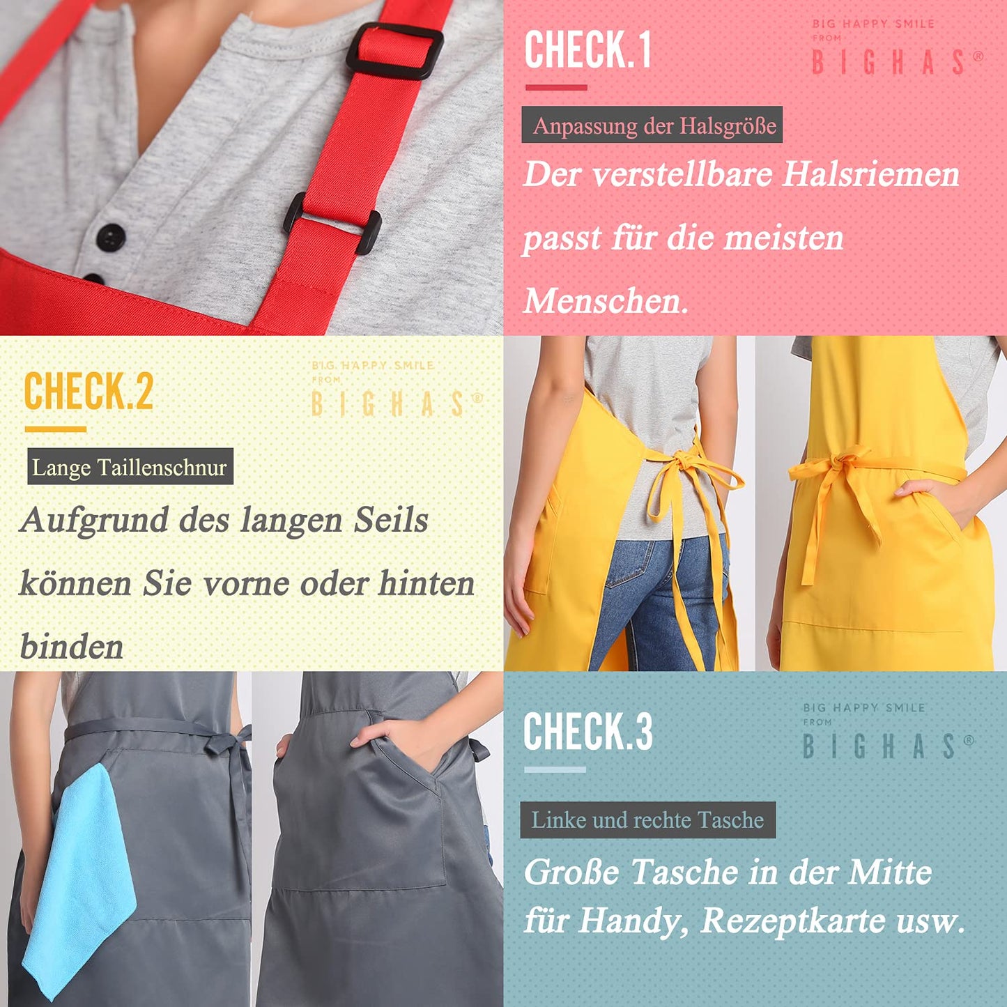 BIGHAS Verstellbare Schürze mit Tasche, Extra Lange Bänder für Damen und Herren, 18 Farben, für Koch, Küche, Zuhause, Restaurant, Cafe, Kochen, Backen, Gartenarbeit 27W×32L (Schwarz)