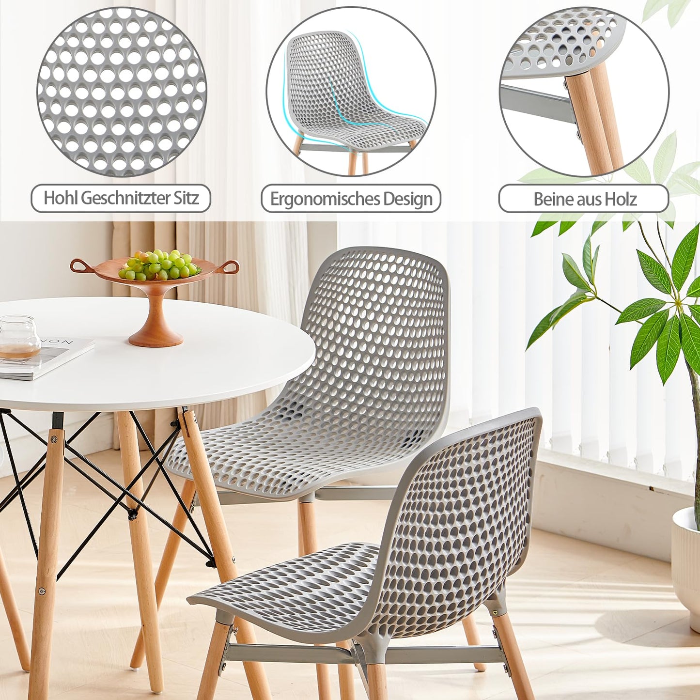 Rensinnoal Kunststoffstühle,Esszimmerstühle Plastik mit Beinen aus Massivem Buchenholz,Entsprechend der Ergonomie,Rezeptionsstühle Eignen Sich für Küchen, Restaurants und Cafés (6, Grau)
