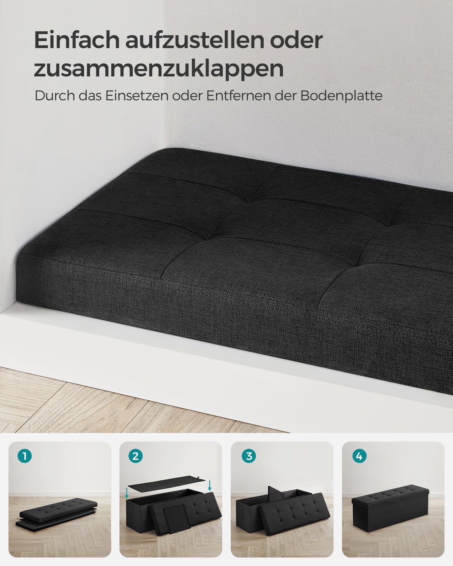 SONGMICS Sitzhocker mit Stauraum, klappbare Sitzbank, 38 x 110 x 38 cm Fußbank, Aufbewahrungsbox, bis 300 kg belastbar, für Wohnzimmer Schlafzimmer Flur, tintenschwarz LSF077B01