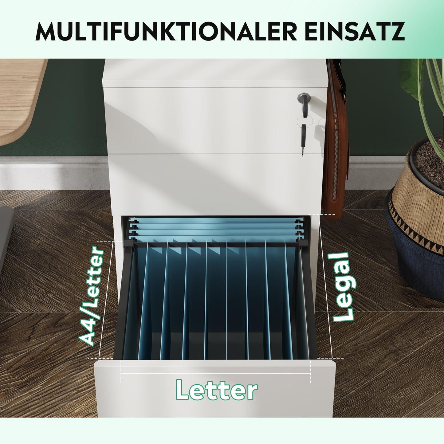 DEVAISE Rollcontainer, Aktenschrank Abschließbar mit 3 Schubladen, Büroschrank für A4/Legal/Letter, Kratzfest, Wasserdicht, für Home-Office, Weiß