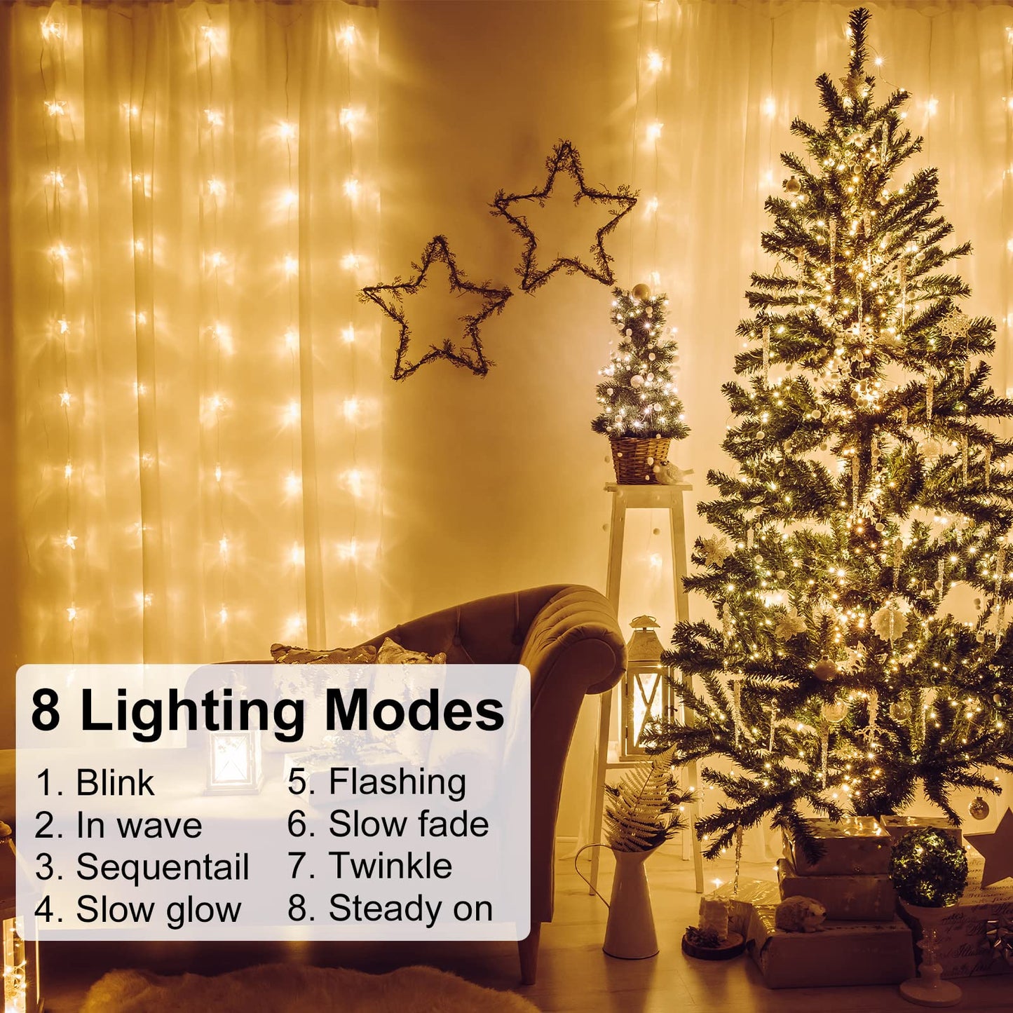 Yizhet Lichtervorhang 3x3m LED Lichterketten Vorhang LED Lichterkettenvorhang mit 8 Modi, IP65 Wasserdicht Lichtervorhang Innen Außen Deko für Hochzeit,Party,Weihnachten,Terrasse (300LED, Warmweiß)