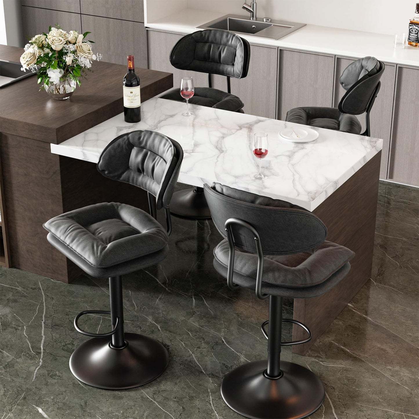 Hawthyhome Barhocker 2er Set, Ergonomische Gepolsterte Barhocker mit Rückenlehne, Verstellbare Doppellagige Barstuhl, für Esszimmer Heimbar Kücheninsel, 2 x Hocker (Dunkelgrau)