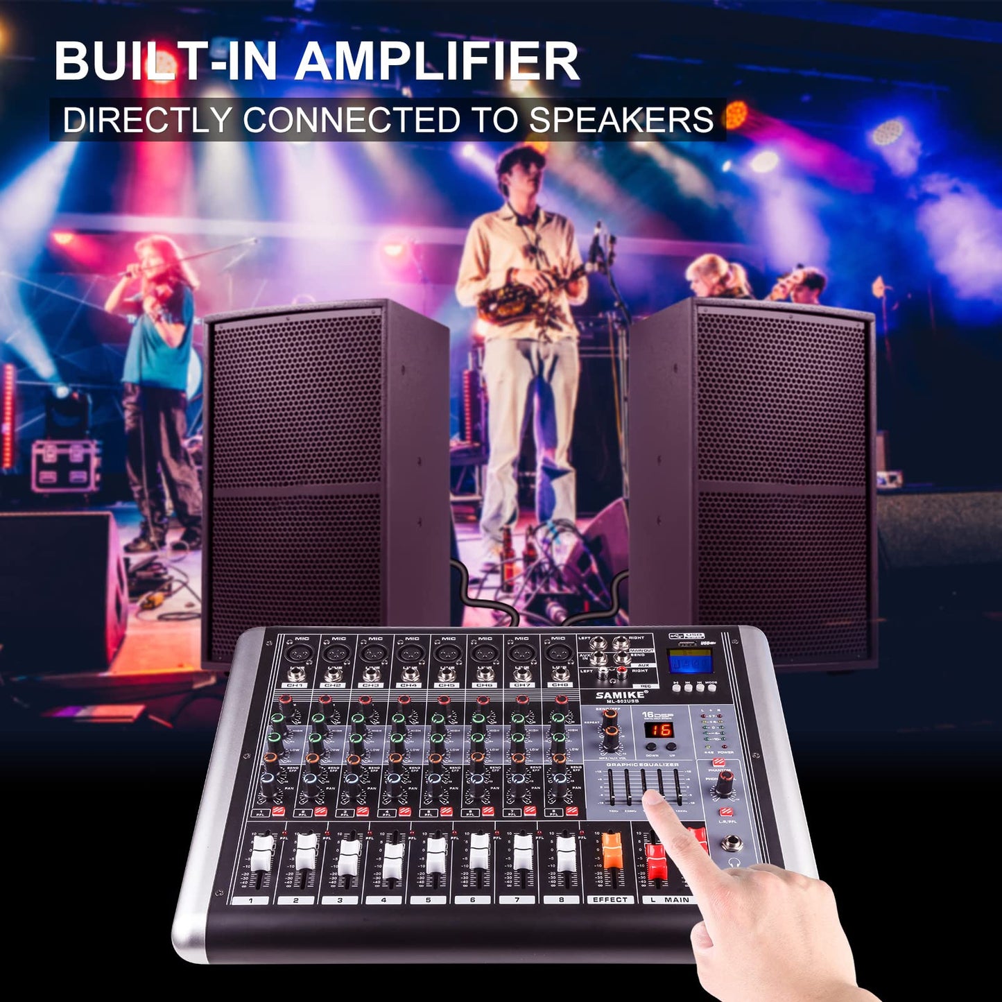 Powermixer Mischpult mit Verstärker, Audio Mixer 8 Kanal Soundcraft Mischpult, Dj Mischpult Profi Audio Interfac Streaming Musik Mixer Live Soundkarte, 2 * 300w Sound Board with 16 Kinds DSP Reverb
