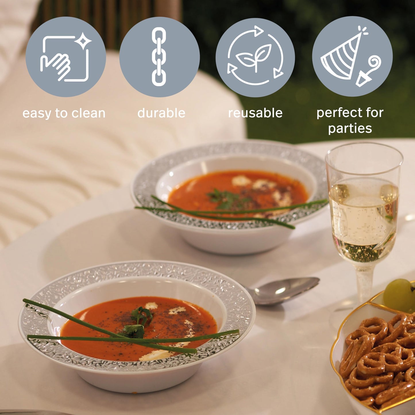 MATANA 20 Weiße Plastikschalen mit Silbernem Rand, 360ml - Dessertschalen, Suppenschalen, Suppenteller für Hochzeiten, Geburtstage, Taufen, Weihnachten & Partys - Mehrweg & Stabil
