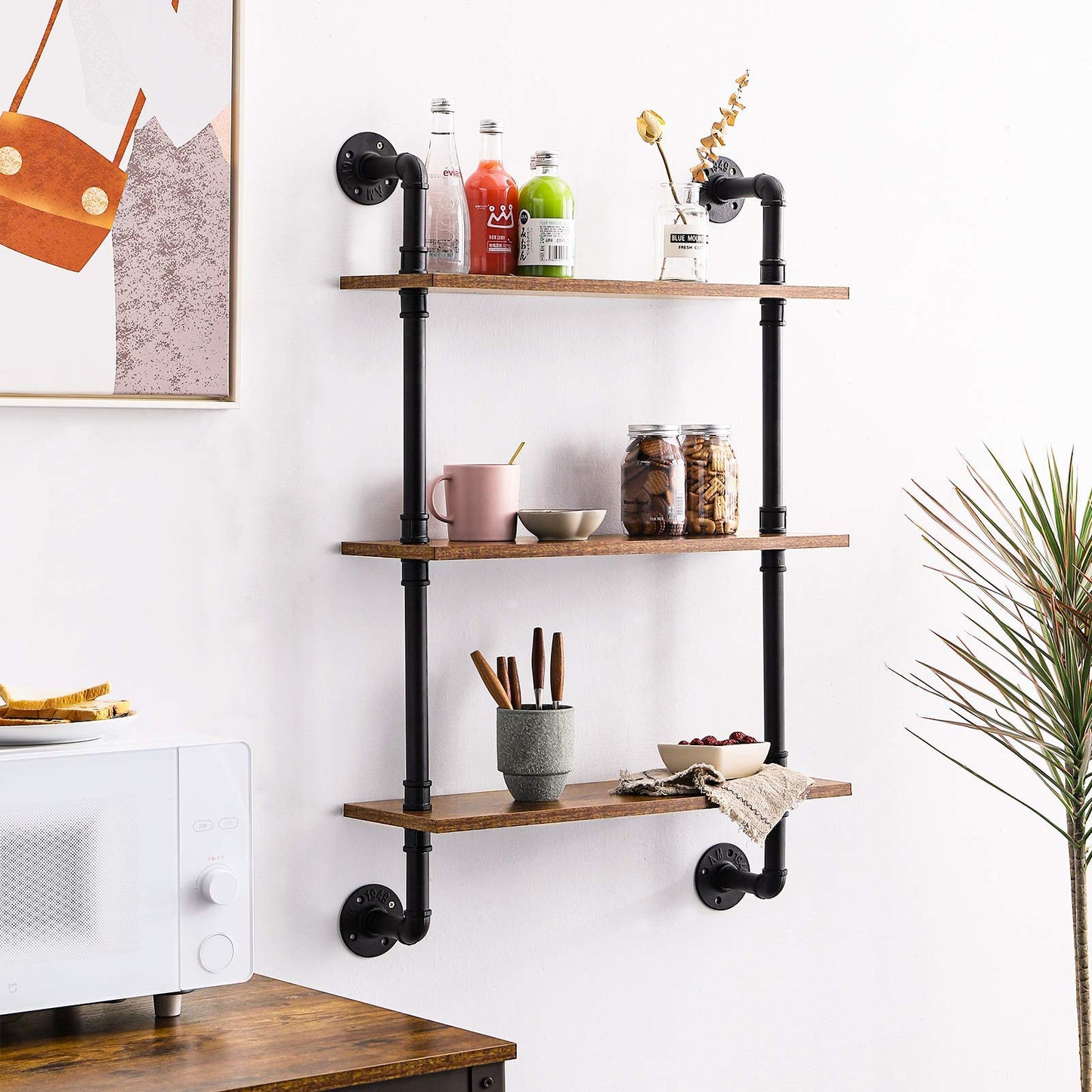 IBUYKE Wandregal, Schweberegal mit 3 Ebenen, 60x21x95cm, Wandboard für Bücher, Vintage Standregal, Leiterregal, Dekorative Regale, für Wohnzimmer, Küche, Schlafzimmer, Badezimmer RF-TM003