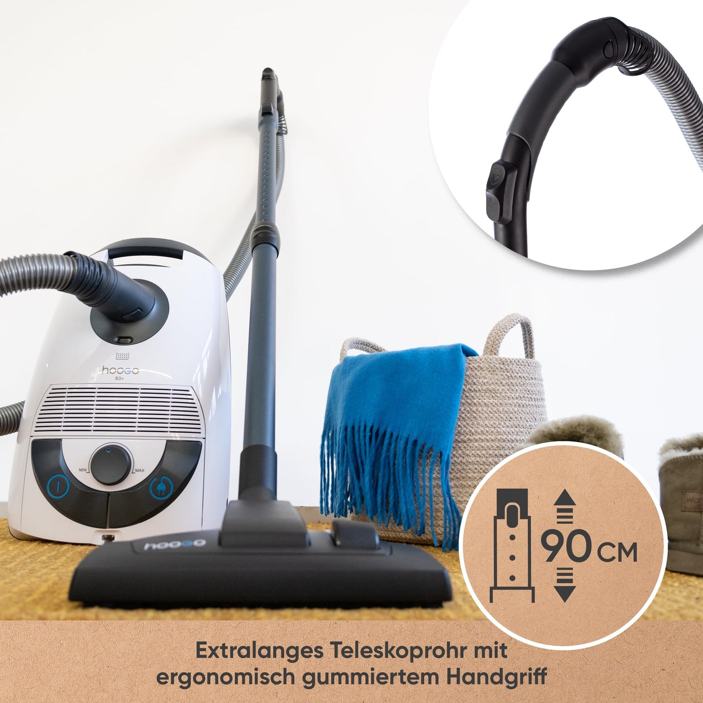 hoogo B3+ Staubsauger mit Beutel | Starke 850 W Saugleistung | HEPA 14 Filter | 11m Radius | nur 74 db(A) | 3 L Kapazität | Verschiedene Bodendüsen