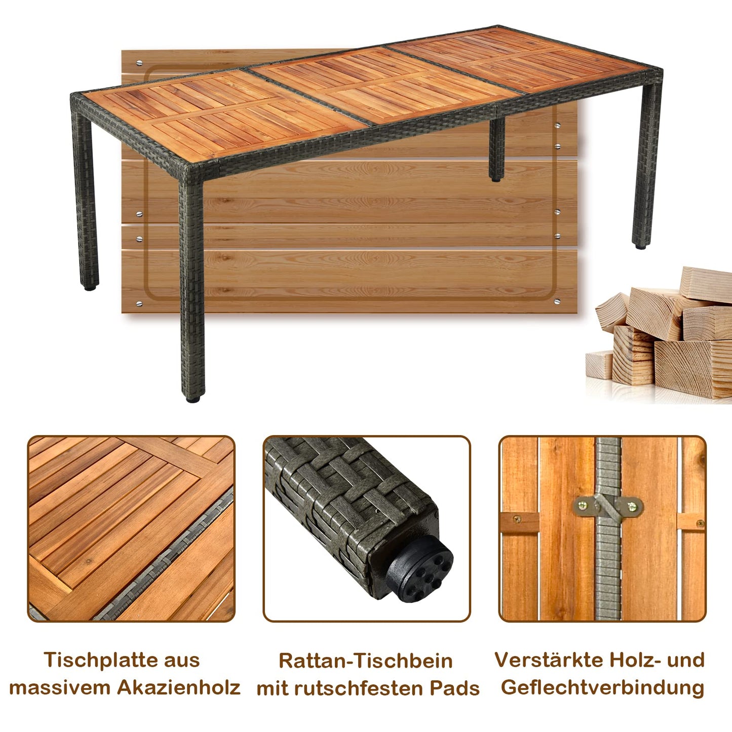 COSTWAY 9 TLG. Rattan Gartenmöbel Set, Sitzgruppe für 8 Personen, Gartentisch mit Tischplatte aus Akazienholz, 8 stapelbare Stühle & Kissen, Terrassenmöbel Set, Gartengarnitur, Sitzgarnitur, Essgruppe