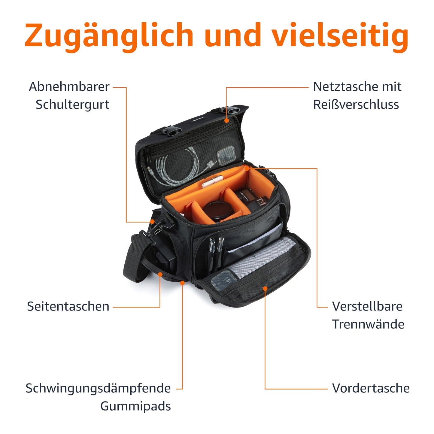 Amazon Basics - Schultertasche für SLR-Kamera und Zubehör, Groß, Verstellbarer Gurt, Wasserdicht, Stoßfest, Einfarbig, Gepolstert - Schwarz/Orange