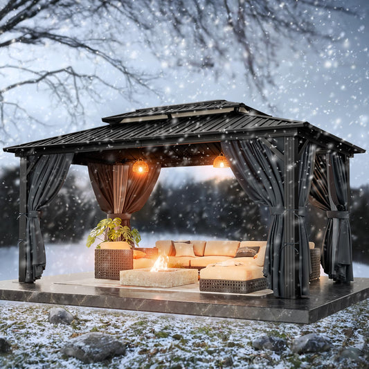 HOTEEL 3x3.65m Hardtop Pavillon Wasserdicht Stabil Winterfest, Gartenpavillon Metall mit Verzinkter Stahl Doppeldach, Alu-Rahmen, Schwer Entflammbare Vorhänge & Moskitonetz, Grau (2025 Aufrüstung)