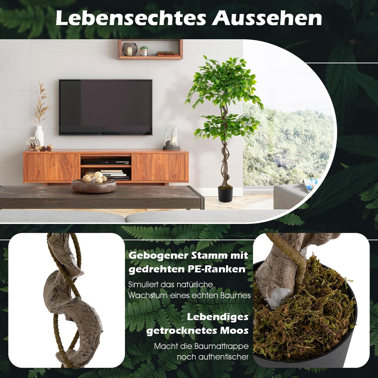 COSTWAY 150 cm Kunstpflanze grün, Künstliche Pflanze Ficus Benjamin, Dekopflanze mit natürlichem Holzstamm & Blättern, Zimmerpflanze Deko, Kunstbaum Innendekoration, für Zuhause Garten Büro