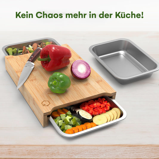 Liebspecht Bambus Schneidebrett Set mit 3 Auffangschalen, Extra Groß - Bambus Schneidebrett mit Auffangschale, Verbesserte Version - Schneidbrett mit Auffangschale