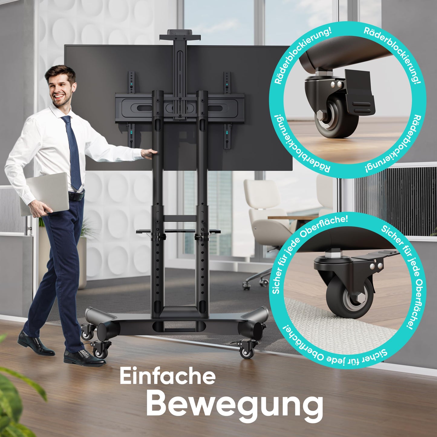 ONKRON TV Ständer rollbar für 40-70 Zoll TVs bis zu 45,5 kg - Fernsehständer höhenverstellbar max VESA 600x400, professioneller Fernseher Rollwagen/TV Wagen mit Rollen Schwarz TS1551-B