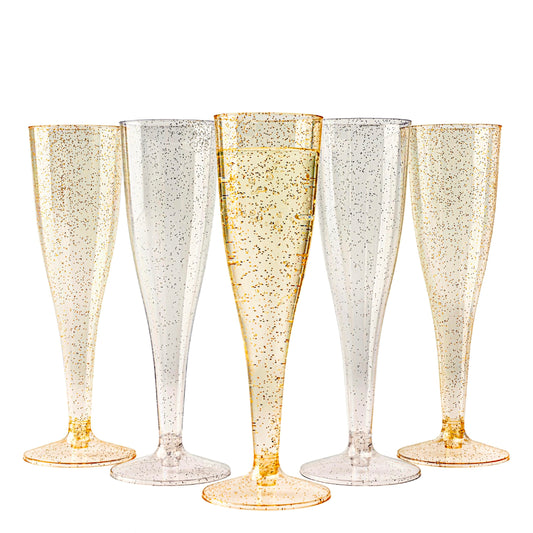 MATANA 120 Premium Sektgläser Plastik mit Silber & Goldglitter, 133ml - Sektgläser Kunststoff, Sektflöten, Champagner Gläser, Cocktailgläser, Weingläser für Hochzeiten, Partys - Stabil & Mehrweg