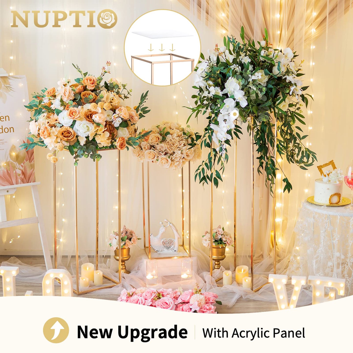 Nuptio Gold Hochzeit Tafelaufsätze für Tische mit Acrylplatte - 3 Stück Hohe Goldene Vase für Tafelaufsätze Säule Blumenständer für Hochzeiten Partei Nach Hause Dekorationen (60cm/80cm/100cm)