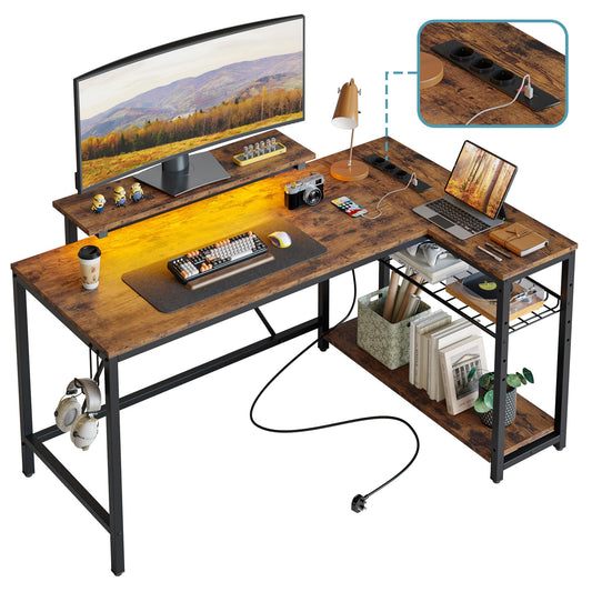 Bestier 132 cm L-förmiger Schreibtisch mit Steckdosen & LED-Beleuchtung, umkehrbarer Eckschreibtisch mit Regalen, großer PC-Arbeitsplatz mit Haken für Home Office und Schlafzimmer