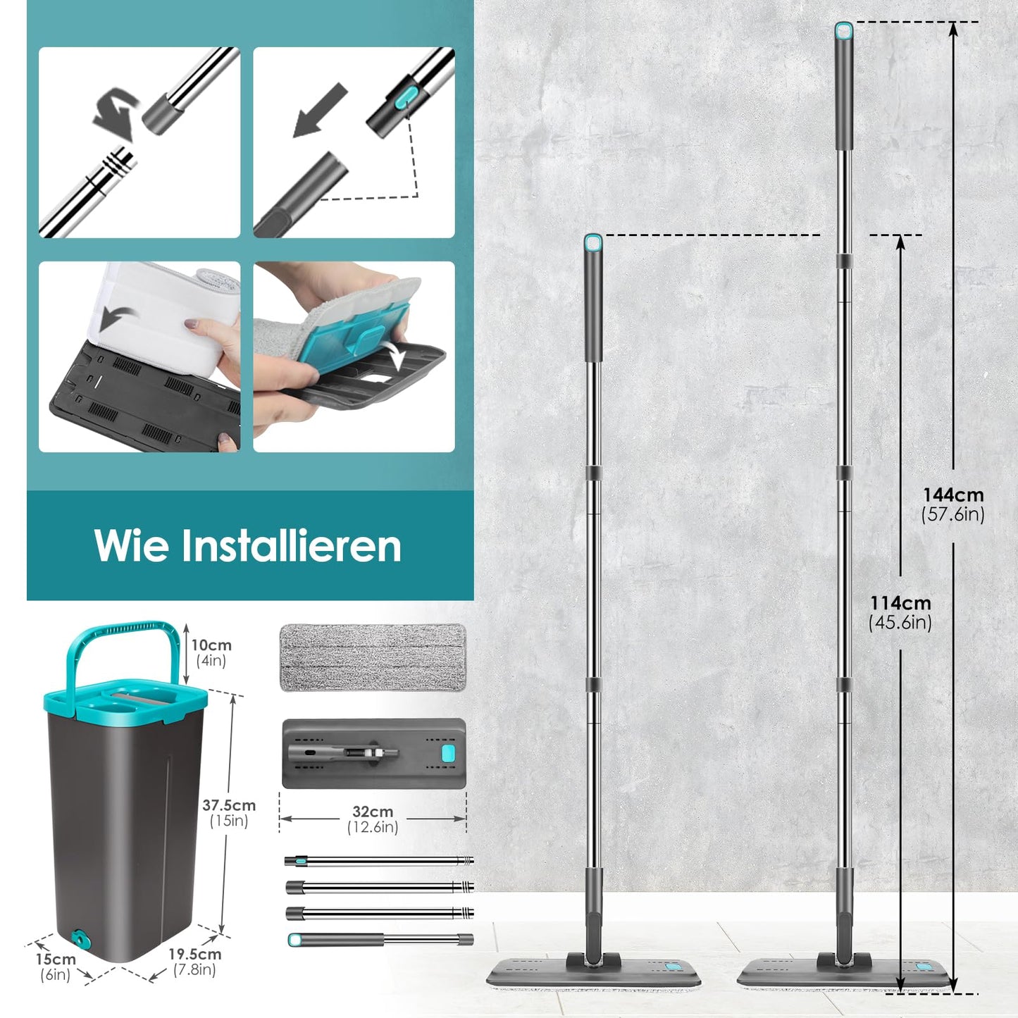 Myiosus Wischmopp Set mit Eimer, Bodenwischer, Flach Wischer Boden mit 140 cm Edelstahlgriff, 2 in 1 Putzeimer mit Wischmop, 360° Drehung, Mikrofaser Wischer mit Auswringfunktion für Alle Böden-6 Pads