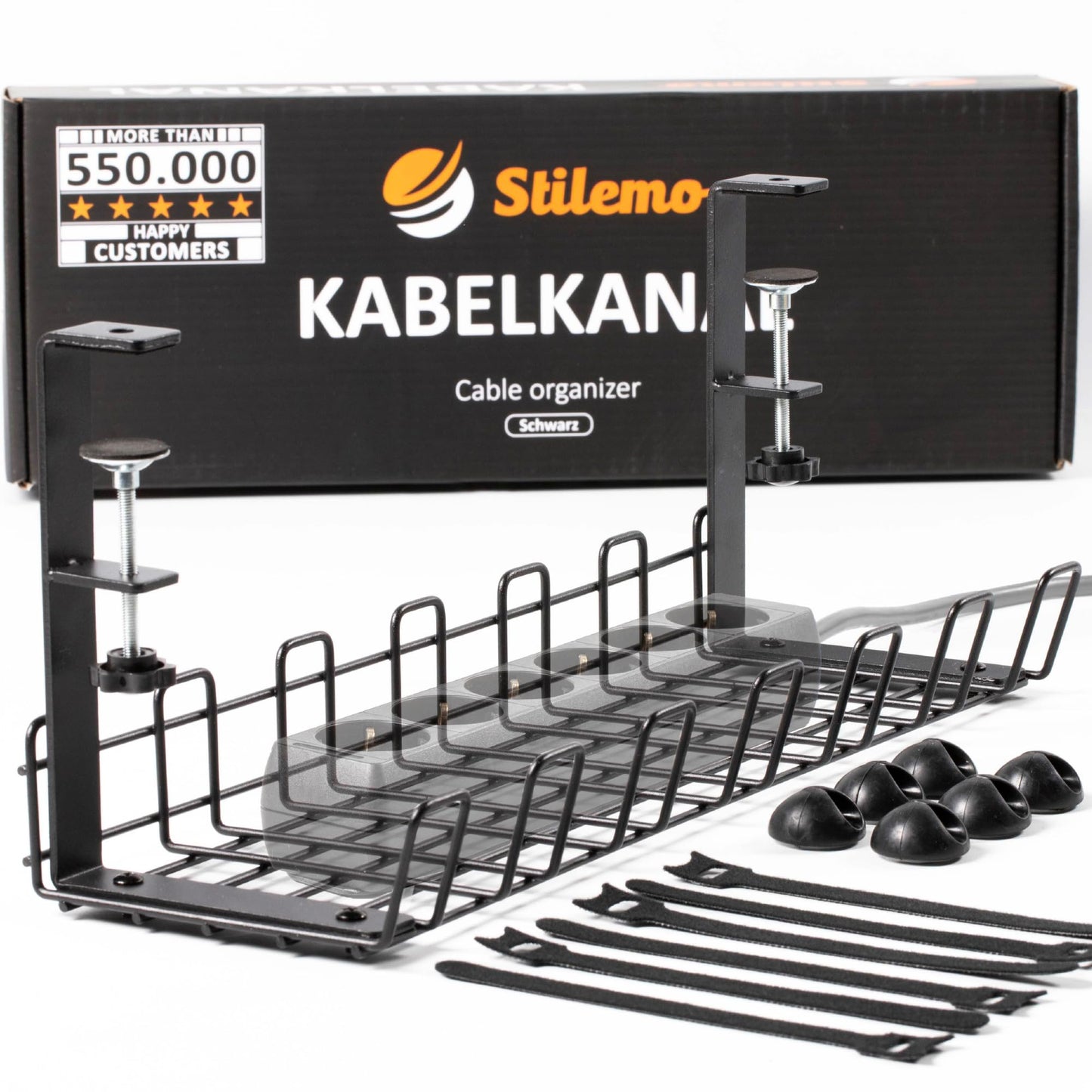 Stilemo Kabelkanal Schreibtisch ohne Bohren - Kabelmanagement Schreibtisch für Ordnung am Arbeitsplatz ohne Schrauben - Kabelhalter Kabelwanne Tisch - Kabelkanal mit Klemme - 39x13x16cm - Schwarz