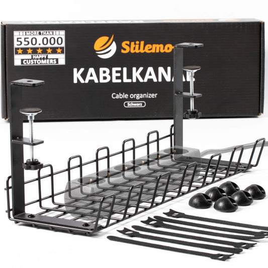 Stilemo Kabelkanal Schreibtisch ohne Bohren - Kabelmanagement Schreibtisch für Ordnung am Arbeitsplatz ohne Schrauben - Kabelhalter Kabelwanne Tisch - Kabelkanal mit Klemme - 39x13x16cm - Schwarz