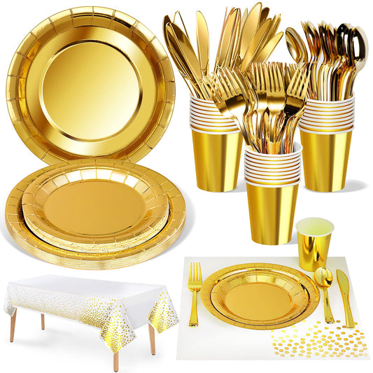 141Stück Weißgold Partygeschirr,Partyzubehör Pappteller Set,Wiederverwendbar Papier Geschirr Set einschließlich Tischdecke Teller Becher Servietten zum Geburtstag,Hochzeiten,Jubiläums(20 Gäste)