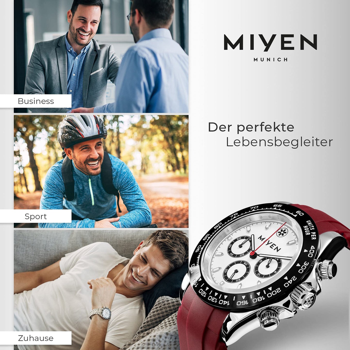 MIYEN MUNICH Voyager Herren Uhr - Chronograph mit Miyota Quarz Präzisionslaufwerk Saphirglas & Tachymeter Funktion – Silber Uhr Herren (Schwarz/Rot)