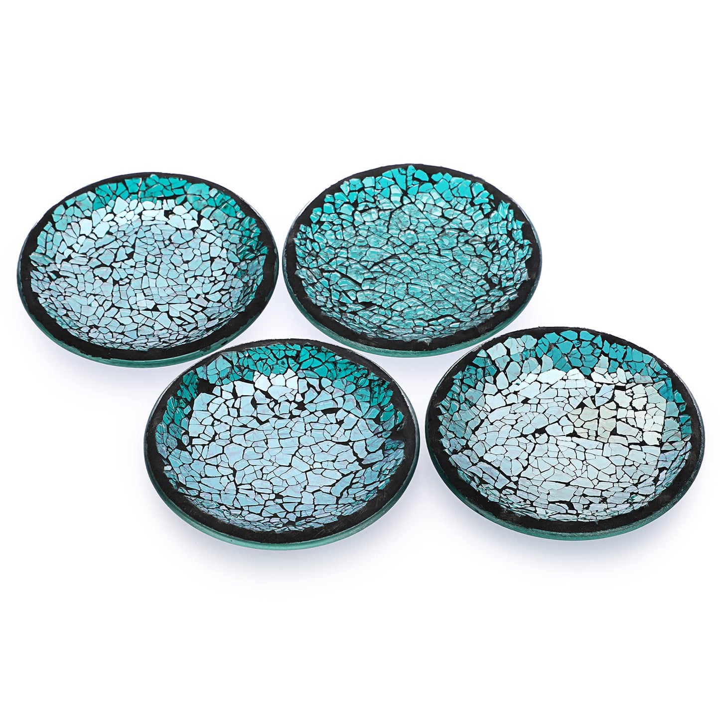 BSTKEY Set mit 4 Mosaik-Glas-Kerzentellern, 10 cm, 4 runde Kerzenteller, dekorativer Stumpenkerzenhalter, Teelichthalter, Untersetzer, Untersetzer, Blau