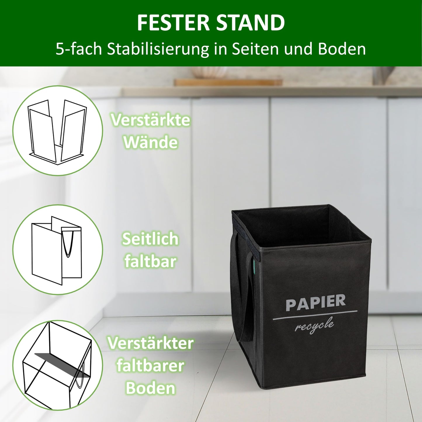 COTTARA® Mülltrennsystem 3fach faltbar mit 5fach Stabilisierung| Recycling Behälter aus robustem Material | Perfekt als Mülltrenner, Pfandflaschen Aufbewahrung, Recycling-System | Schwarz