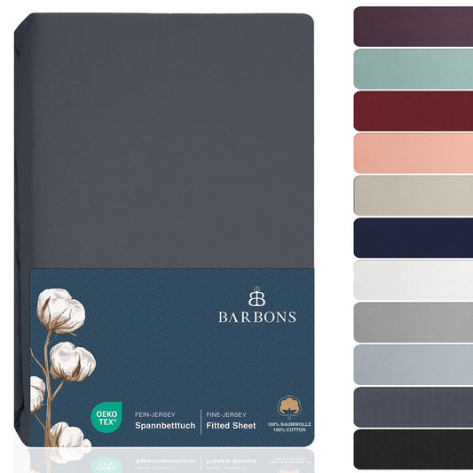 BARBONS Spannbettlaken 180x200cm - 100% Baumwolle Spannbetttuch Oeko-TEX Zertifiziert Bettlaken Jersey Bettwaren und Bettbezug für Boxspringbett und Dicke Matratzen bis 25 cm - Dunkelgrau 180 x 200