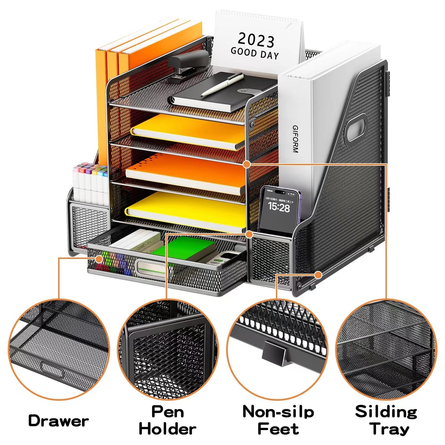 Restorgan Schreibtisch Organizer mit Aktenhalter, 5-stufiger Papier Organizer mit Schublade, Mesh Schreibtisch Akten Organizer mit Zeitschriftenhalter für Büro Organizer Schreibtisch (schwarz)