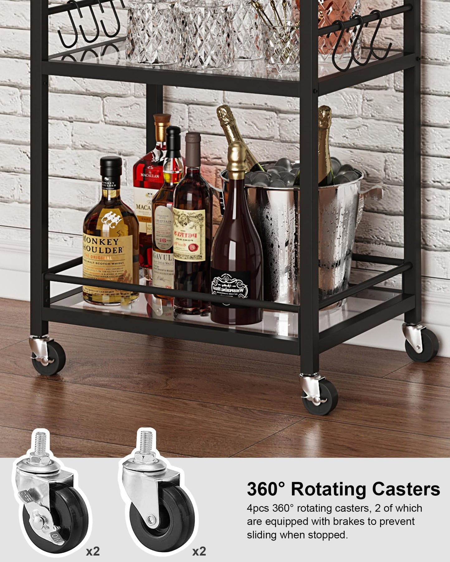 TUTOTAK Barwagen Home Bar Servierwagen Mikrowellenwagen Getränkewagen Mobiles Küchenregal mit 3 Ebenen Spiegelregal Weinhalter Glashalter Rollender Getränkewagen Schwarz BC01BK034