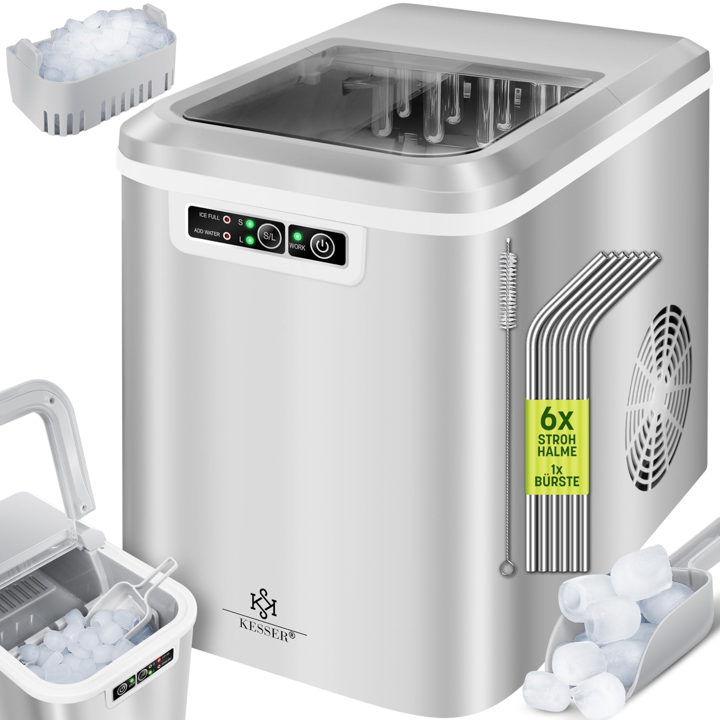 KESSER® Eiswürfelbereiter | Eiswürfelmaschine Edelstahl | Ice Maker | 12 kg 24 h | Zubereitung in 7 min | 2,2 Liter Wassertank | 2 Eiswürfel-Größen | LED-Display | Selbstreinigungsfunktion | Silber