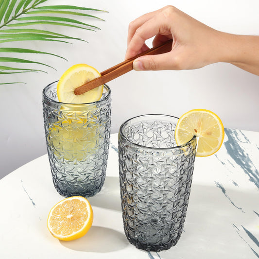 Joeyan 380ml Grau Wassergläser mit Geprägtem Design,Vintage Trinkgläser Longdrinkgläser,Bunt Wassergläser mit Geometrisches Textur,4er Set,Spülmaschinenfest