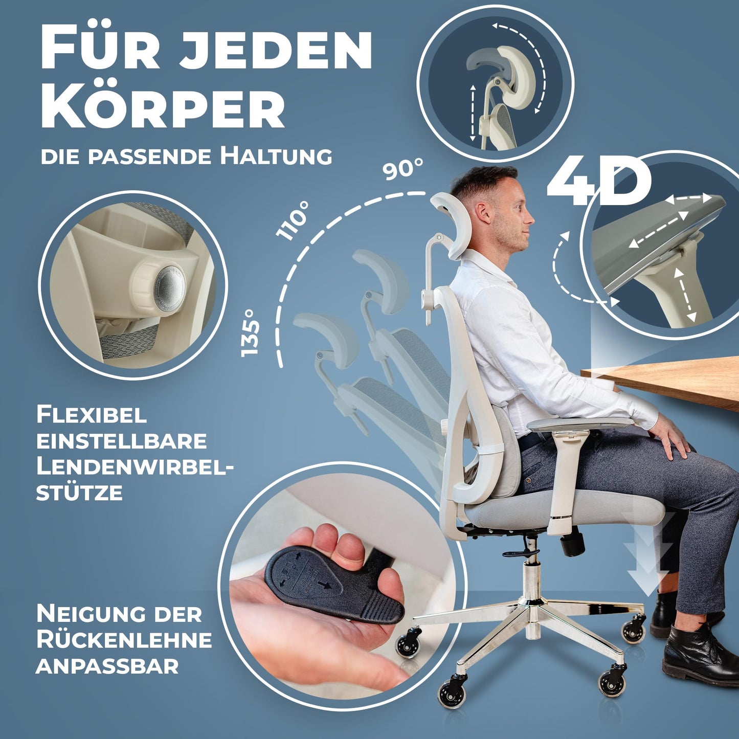 CLOUVOU CleverSeat Bürostuhl Ergonomisch [TESTSIEGER] Schreibtischstuhl 100% individuell einstellbar | Büro Stuhl & Gaming Stuhl | Computerstuhl Home Office Chair Ergonomic | Drehstuhl 150 kg