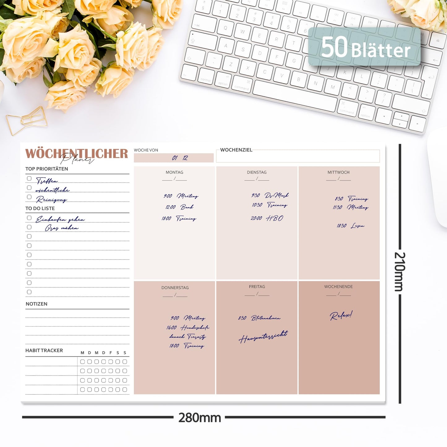 BIROYAL Wochenplaner Block A4 ohne festes Datum (50 Seiten), Schreibtischunterlage mit ToDo Liste, Wochenkalender Wochen Planer mit Wochenübersicht&Habit-Tracker für Termine, Aufgaben& Notizen (Braun)